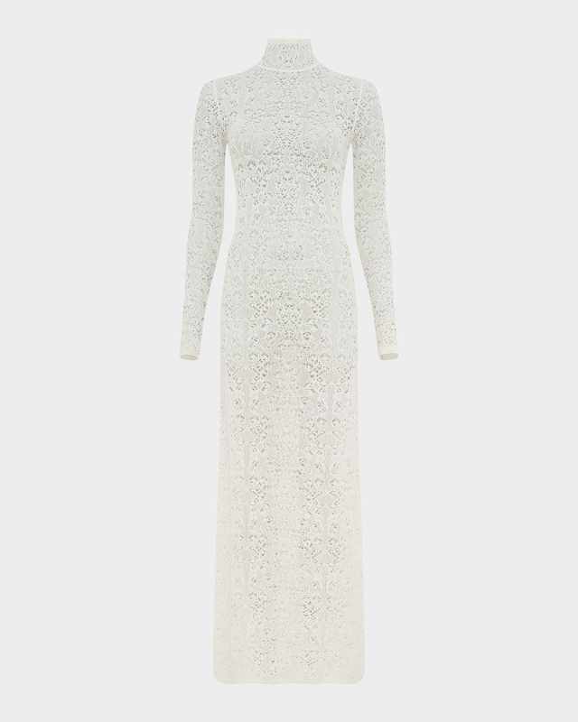 Lethe Mock-Neck Lace Knit Maxi Dress